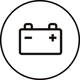 Icon in black circle - car battery with minus and plus symbols