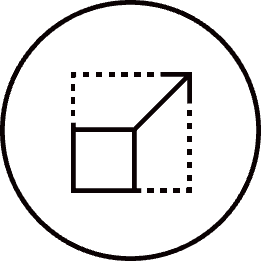 A simple icon showing a small square with an arrow extending from the top right corner, indicating expansion or scaling within a circle.