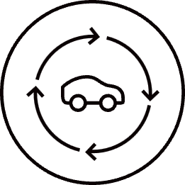 A car icon is surrounded by a circular arrow cycle, illustrating a recycling or eco-friendly transport concept against a dark background.