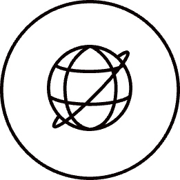 A minimalistic icon of a globe with orbiting ring, enclosed in a circle, representing global connectivity or internet. Dark theme evokes a tech vibe.