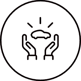 Icon of two hands raised, cupping a car with lines radiating upwards, symbolizing protection or care within a circular border.