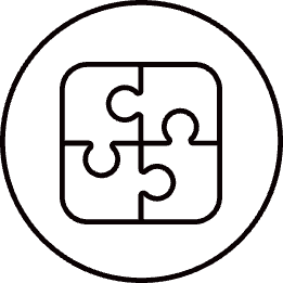 A circular icon contains four interlocking puzzle pieces, symbolizing cooperation and problem-solving. The design is simplistic and balanced, conveying unity.