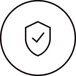 A dark circle with a shield icon inside, featuring a check mark in the center, conveys security and protection. Minimal and flat design.