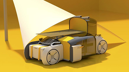 Futuristic compact vehicle with solar panel, geometric design, and enclosed wheels in a yellow setting.