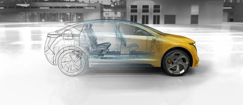 Futuristic car concept showcasing a transparent overlay of interior and structural components