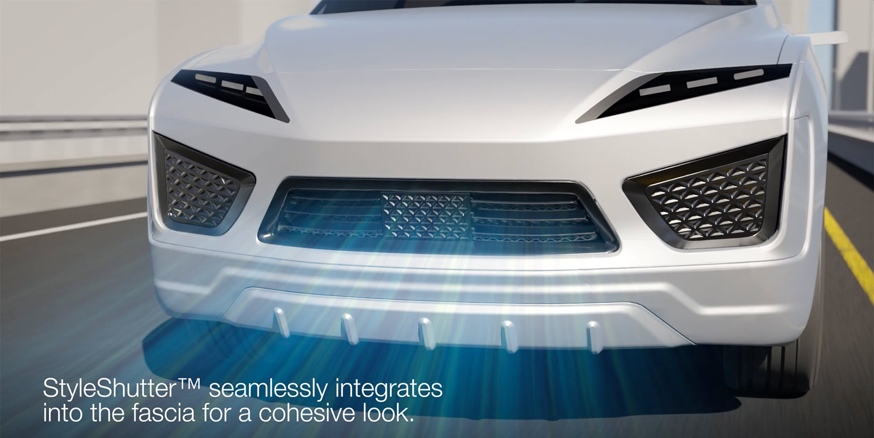 Close-up of vehicle front fascia with integrated StyleShutter™ active grille system