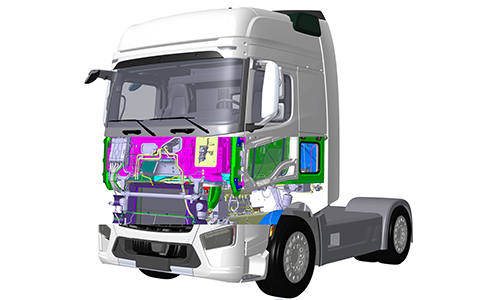 Rear view of grey vehicle taillights on with fog in background