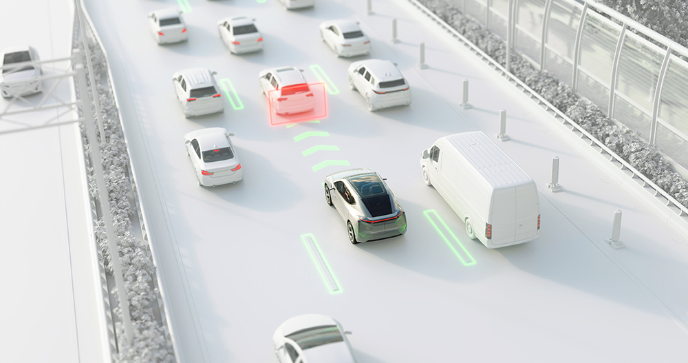 Animation of vehicle driving on highway and the camera sensing the vehicle ahead