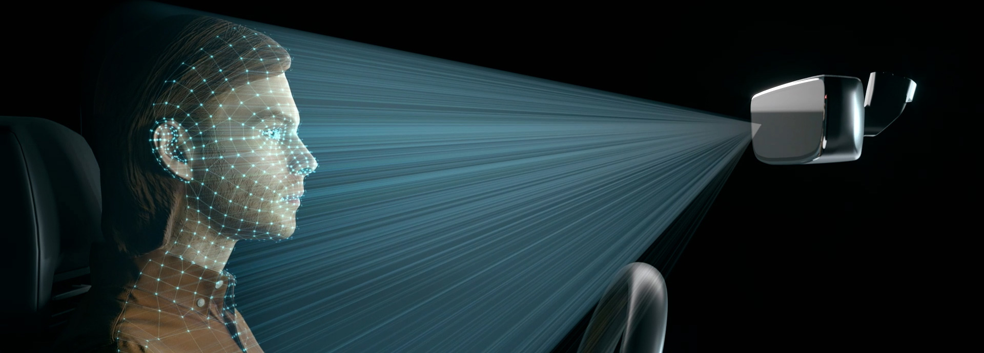 Animation of person driving a vehicle and the mirror sensing the person's level of distraction