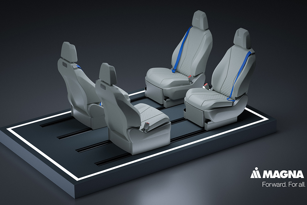 Magna’s reconfigurable seating system offers flexibility for more in-cabin space