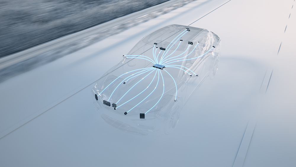 Animated ghosted vehicle driving down a road showing layout of sensor for the automated driving system
