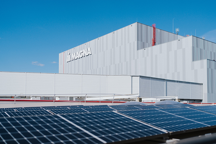 Solar panels on the roof of a Magna Steryr manufacturing facility