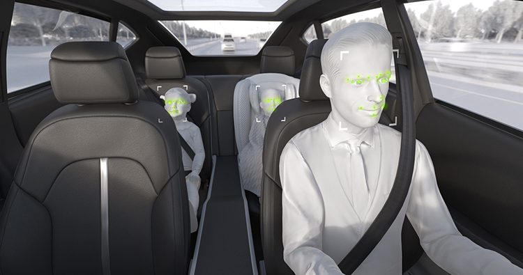 Rendering of a person driving with two children in the backseat with the Occupant Monitoring Interior Camera being demonstrated