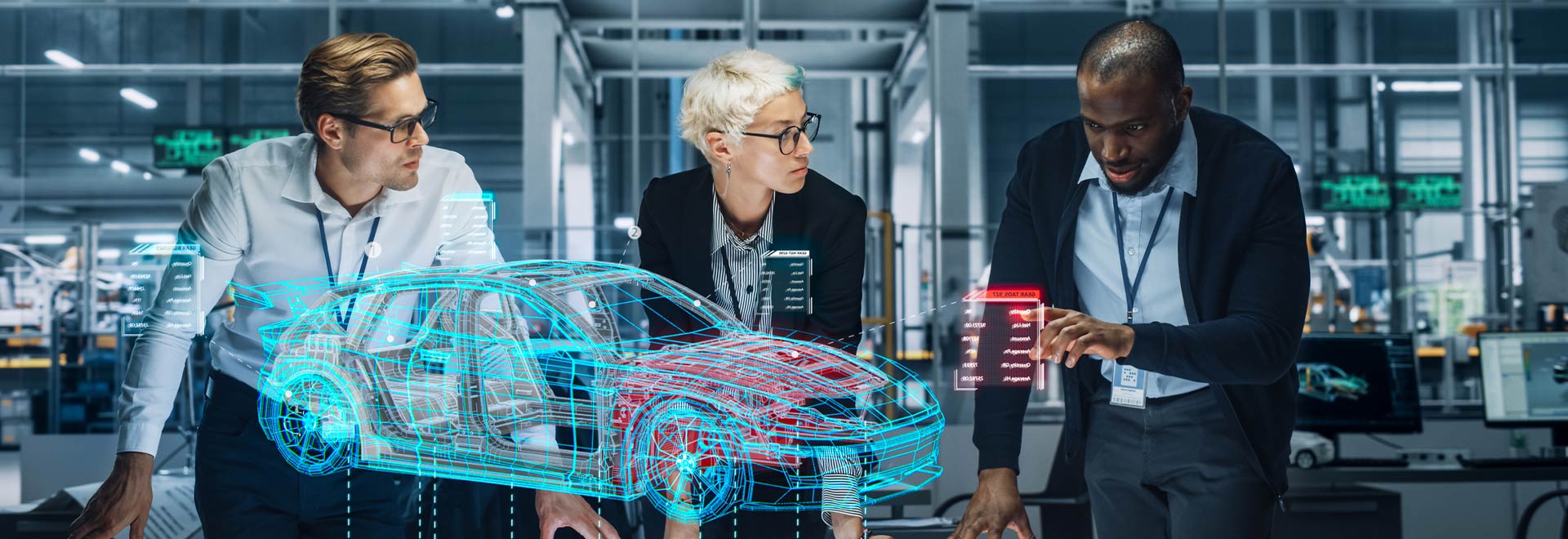 Engineers collaborating with a holographic car model for advanced automotive design