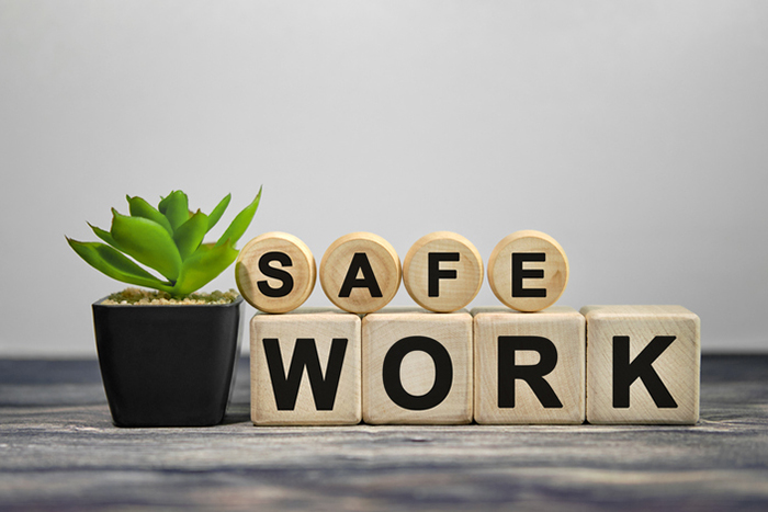 Wooden blocks spelling ‘SAFE WORK’ next to a small plant