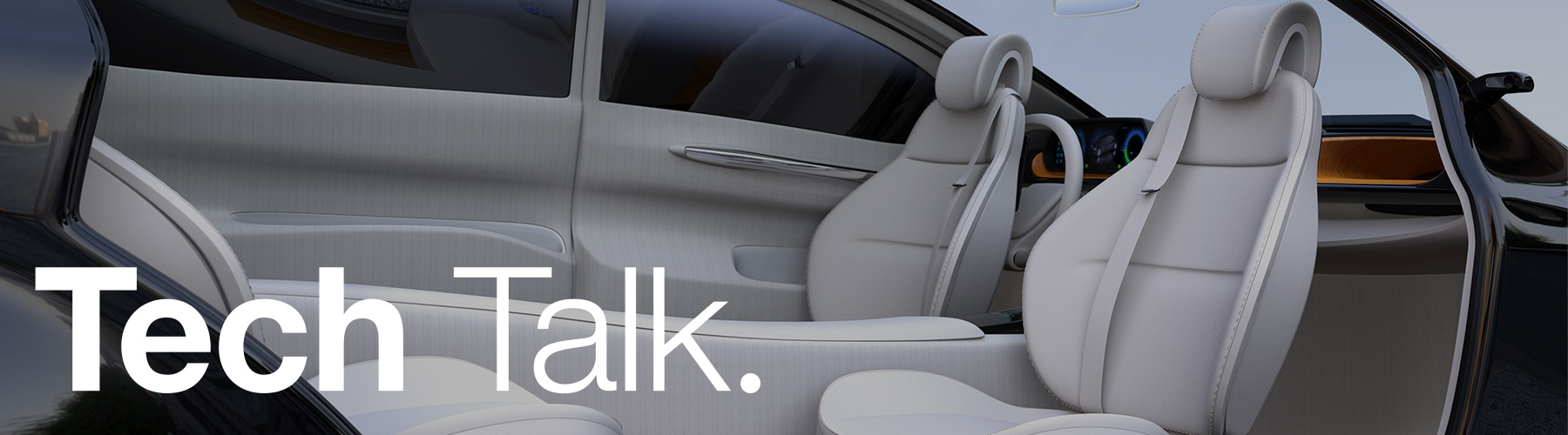 Futuristic car interior with sleek design, open doors, and white, intelligent seating. Calm, minimalistic vibe with light wood accents and curved lines. The text 'Tech Talk' appears at the bottom left.